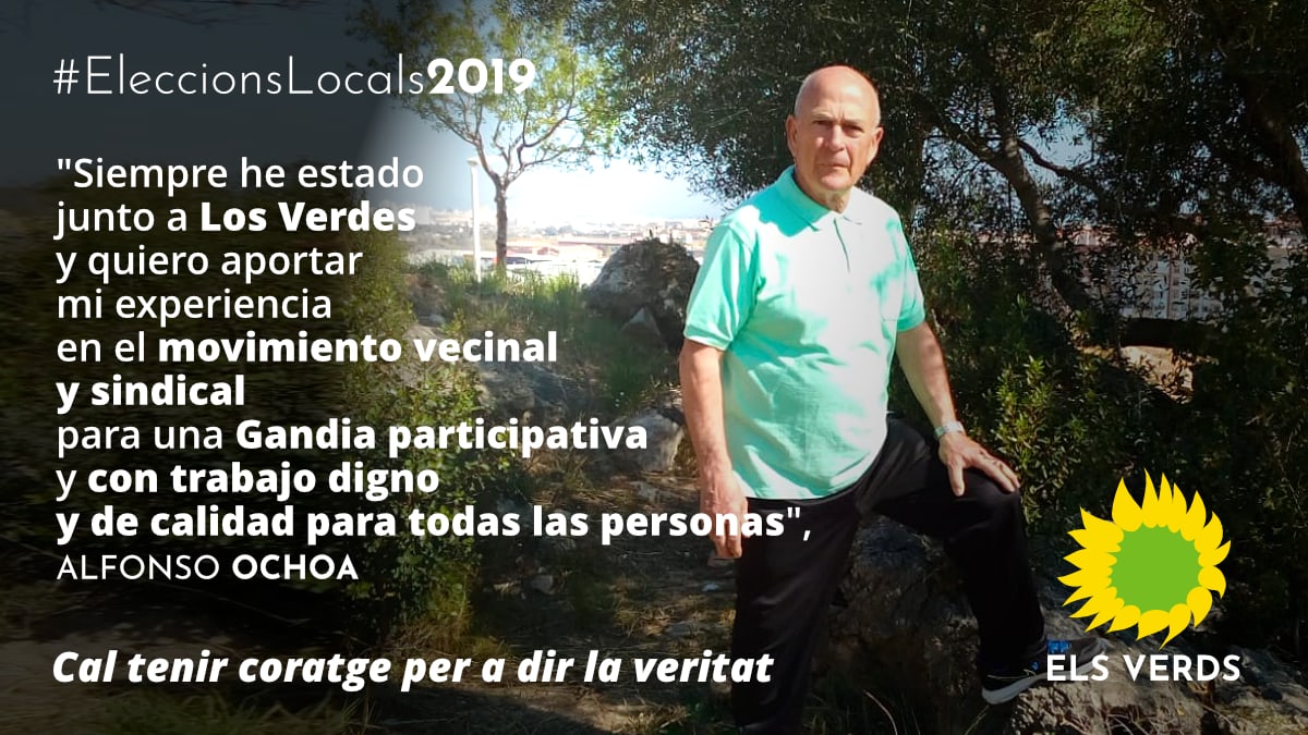 Alfonso Ochoa, histórico líder del movimiento vecinal de la plaza El·líptica, cerrará la candidatura de Los Verdes de Gandia